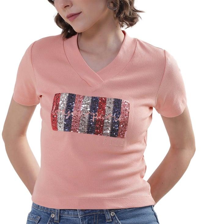 elle dusty pink embellished regular fit t-shirt