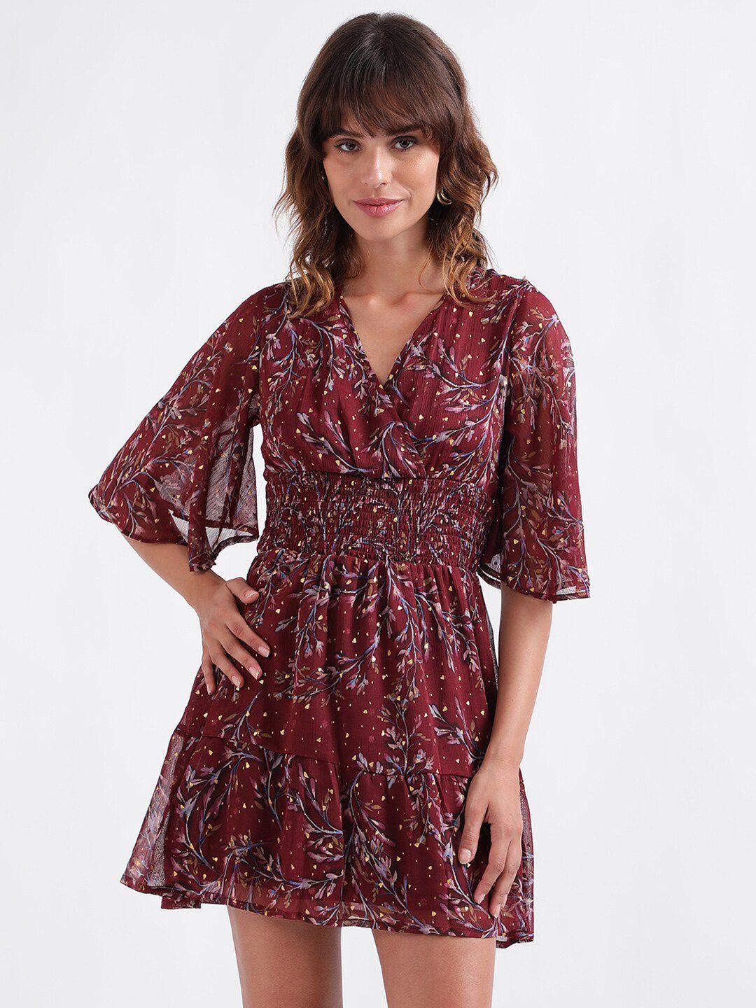 elle floral printed flared sleeve smocked fit & flare mini dress