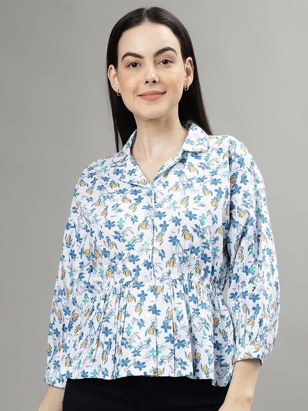 elle floral printed spread collar three quarter sleeves pleated casual shirt