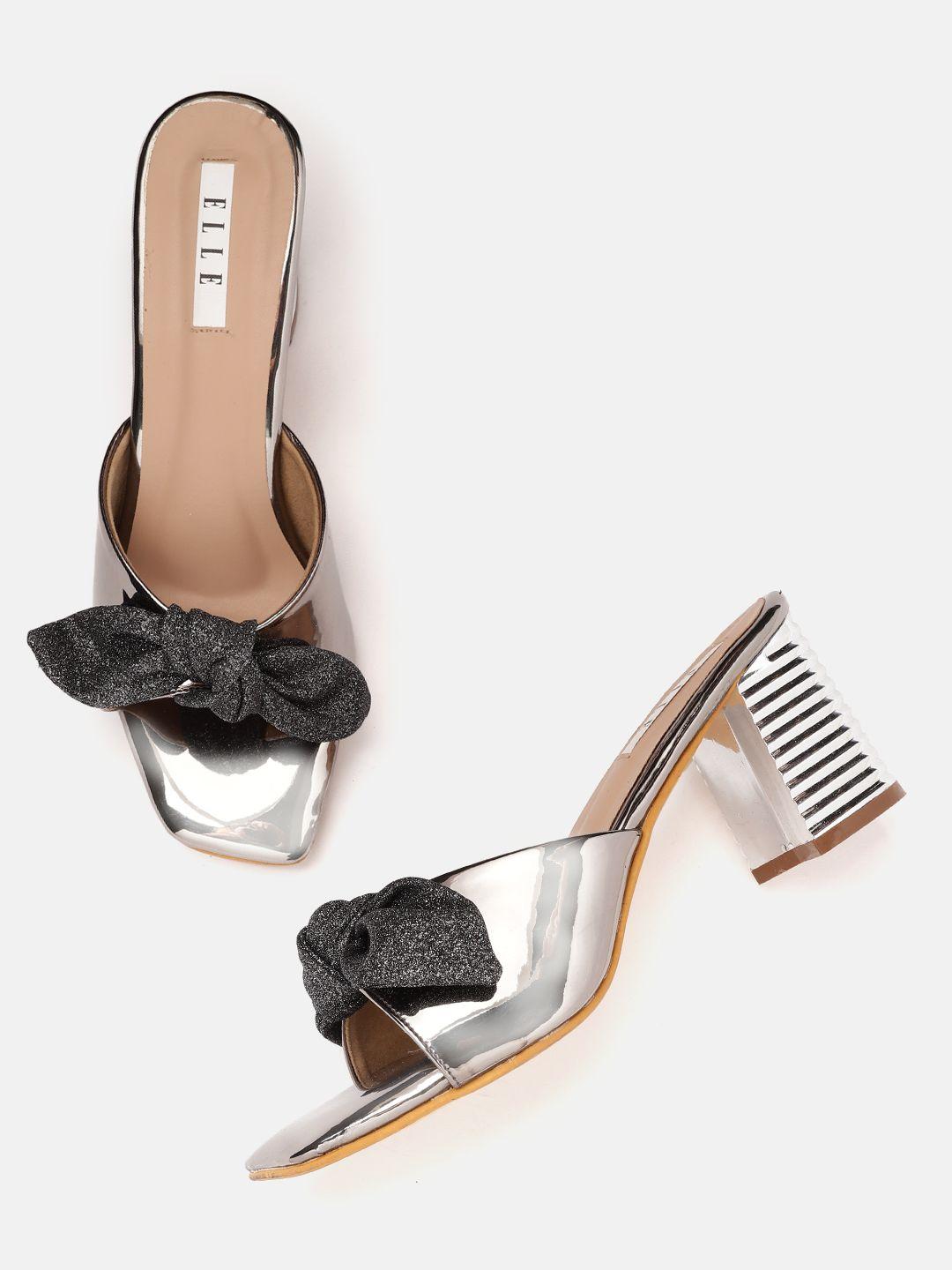 elle gunmetal-toned block heels with bows detail