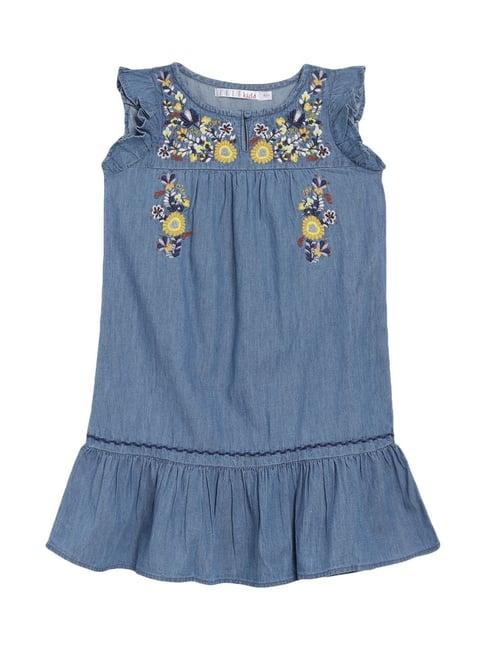 elle kids blue cotton embroidered dress