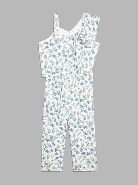 elle kids kids white & blue cotton floral print jumpsuit