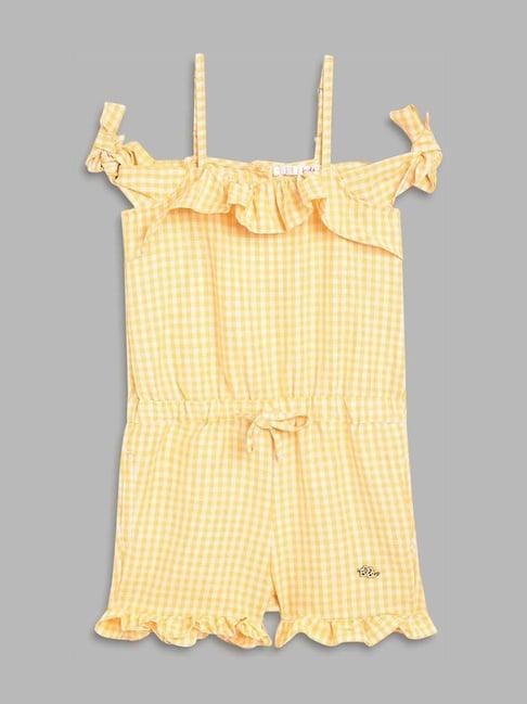 elle kids kids yellow & white cotton chequered jumpsuit