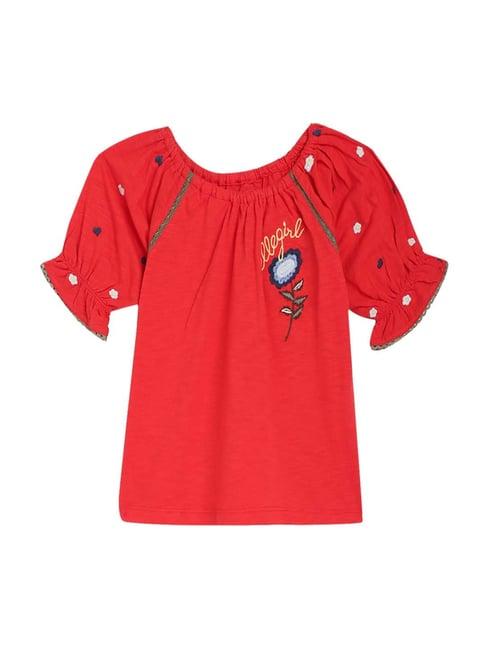 elle kids red cotton embroidered top