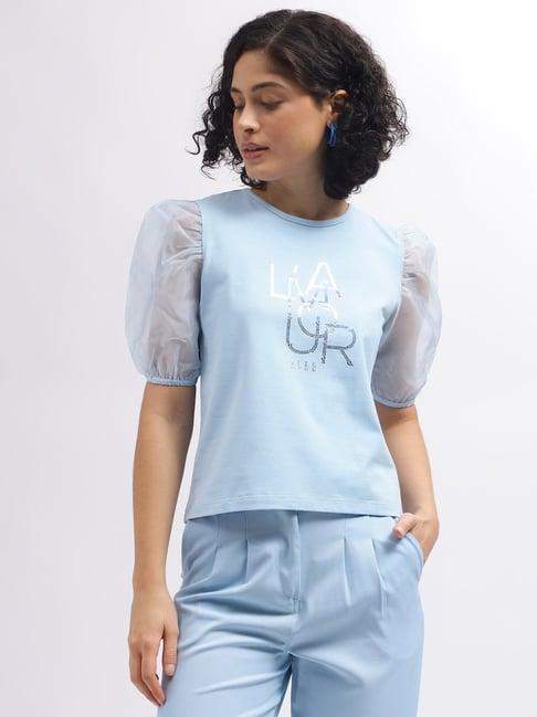 elle light blue cotton graphic print top