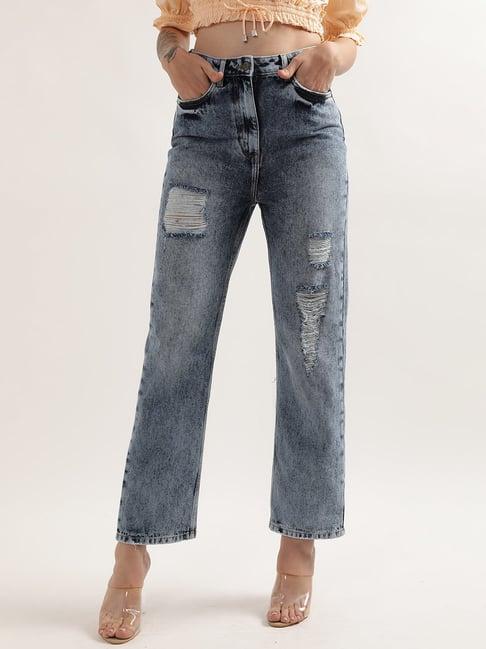 elle mid blue distressed regular fit mid rise jeans