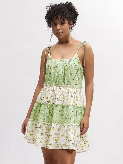 elle mint green & white floral print a line dress