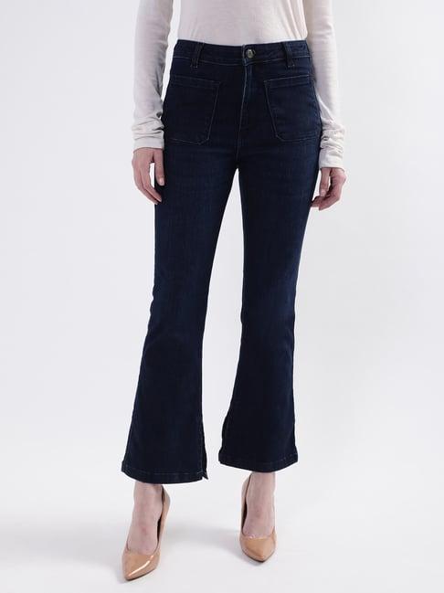 elle navy flare fit mid rise lightly washed jeans