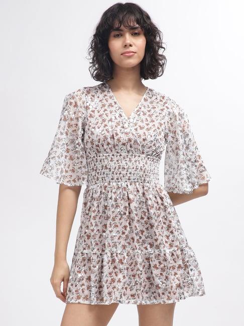 elle off white & brown floral print fit & flare dress