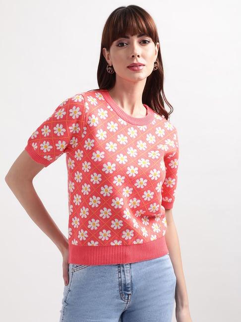 elle peach cotton floral print top