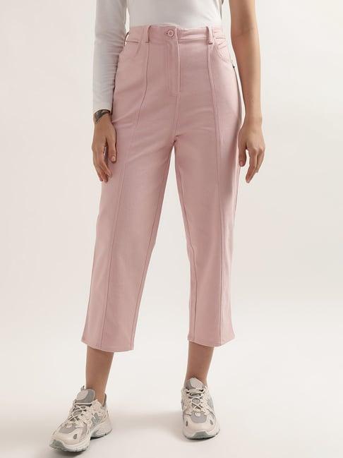 elle pink cotton regular fit mid rise trousers