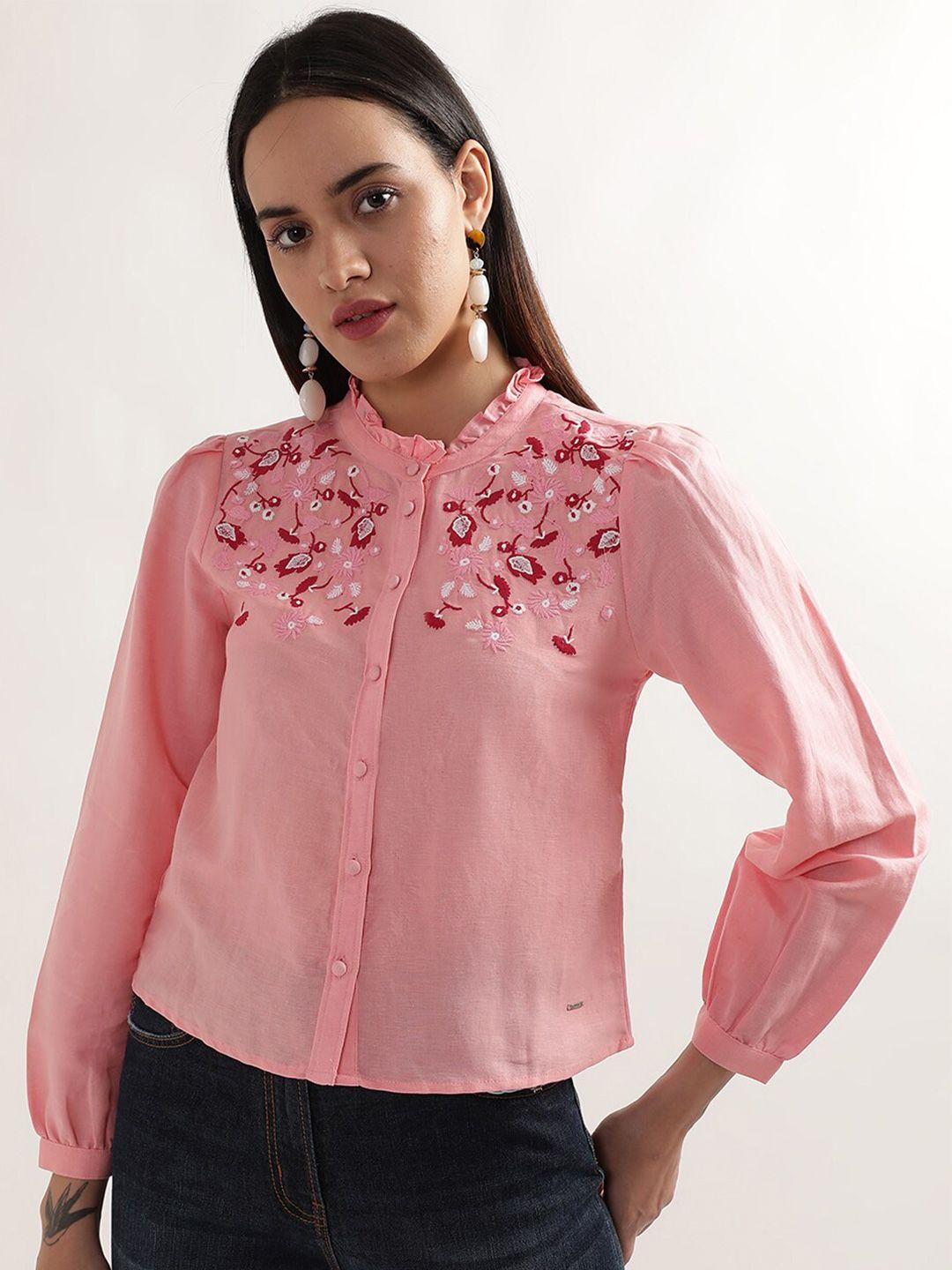 elle pink floral embroidered puff sleeves linen shirt style top