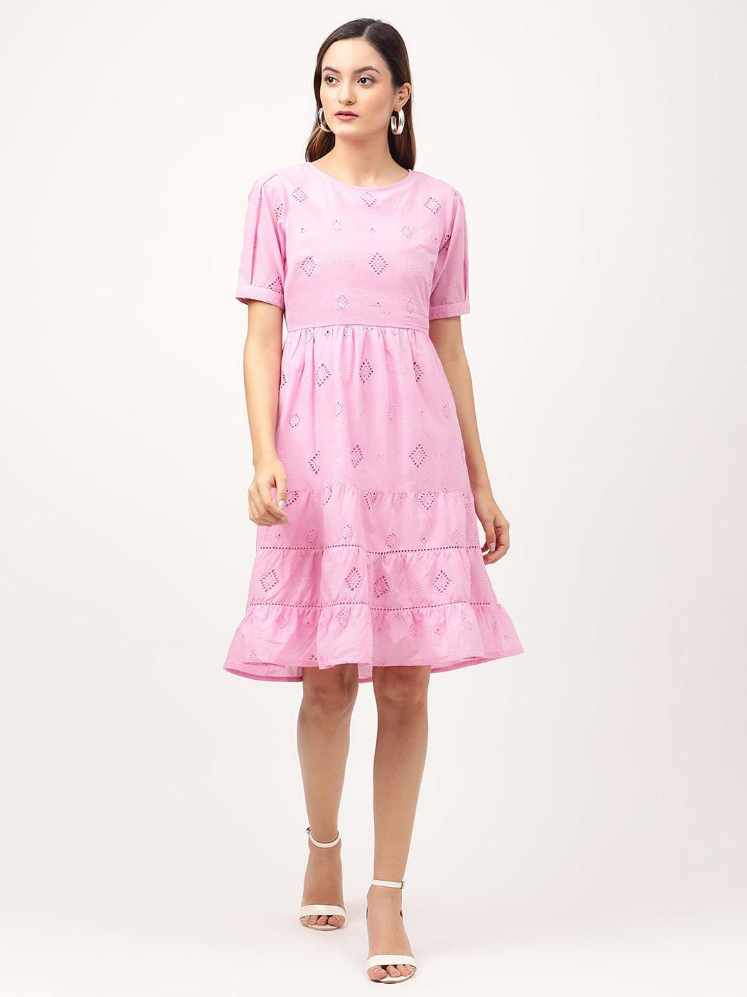 elle pink solid schiffli cotton fit & flare dress