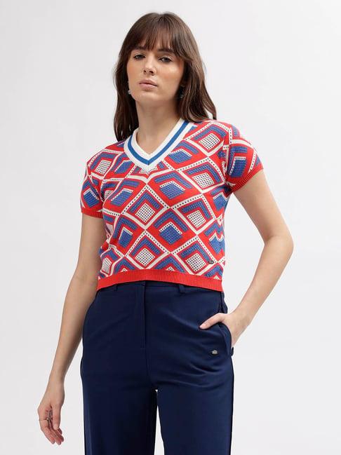 elle red & navy cotton geometric print t-shirt