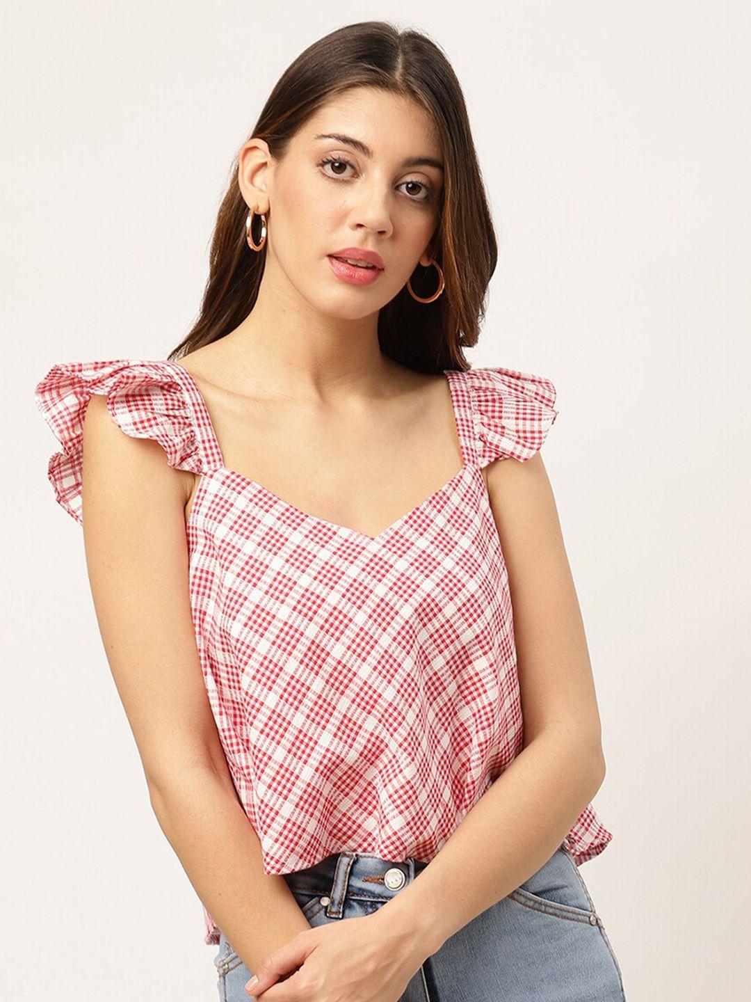 elle red & white checked sweetheart neck flutter sleeves pure cotton regular top