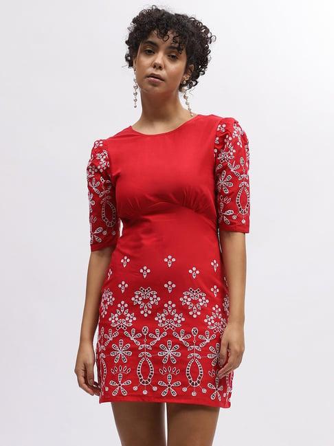 elle red & white cotton embroidered a line dress