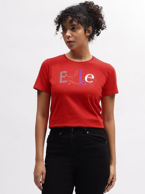 elle red cotton embellished t-shirt