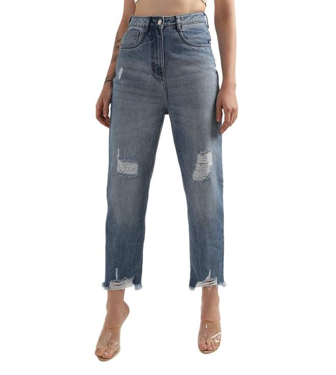 elle regular mid blue heavily washed high rise jeans