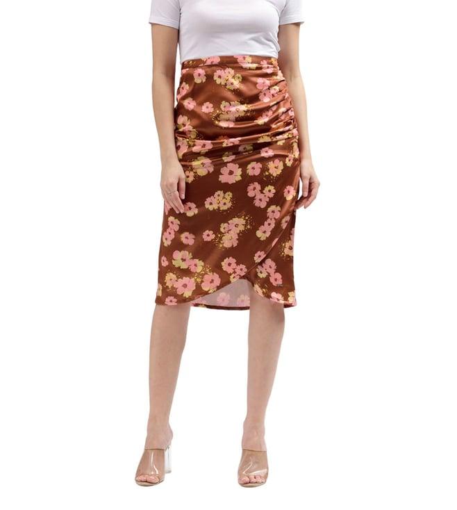 elle rust fashion floral print regular fit ruched pencil skirt