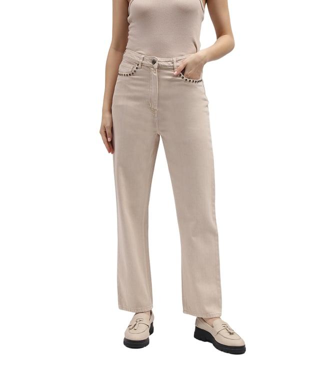 elle straight beige mid rise jeans