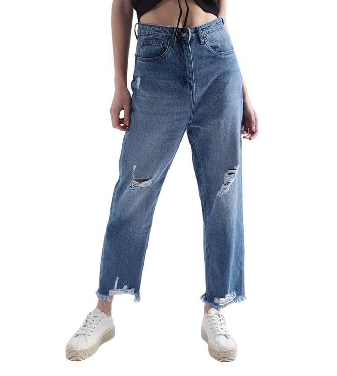 elle straight blue heavily washed high rise distressed jeans