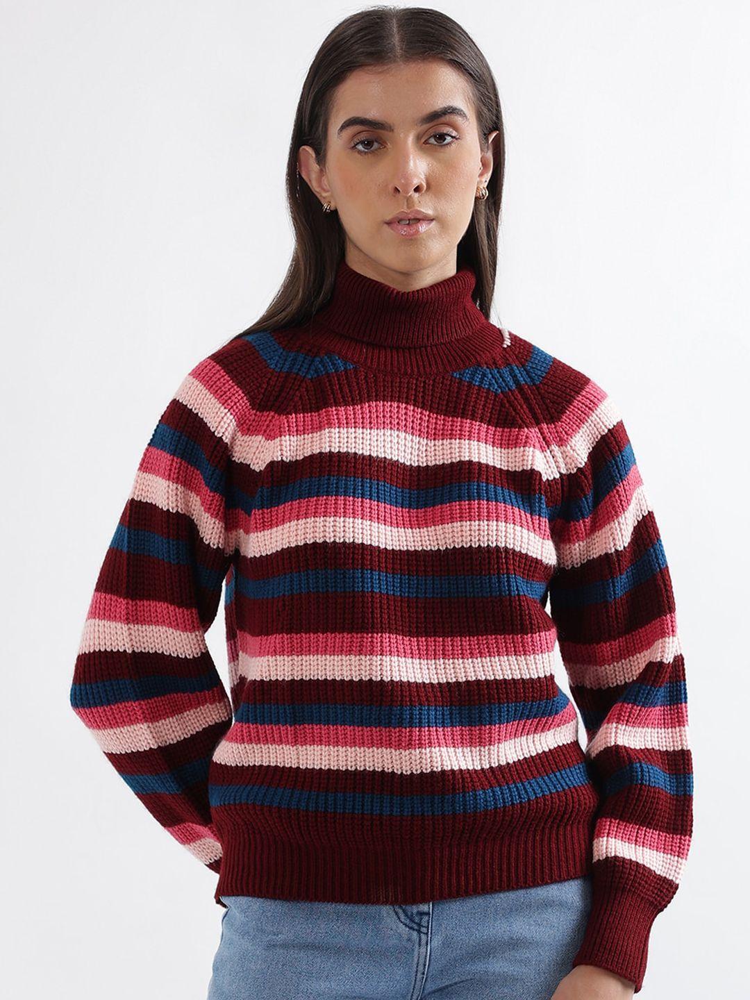 elle striped turtle neck long sleeve acrylic pullover sweater