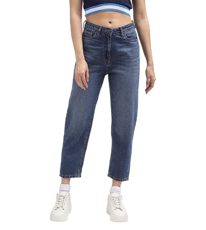 elle tapered blue heavily washed mid rise jeans