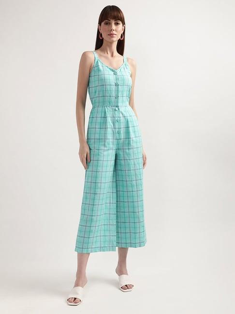 elle turquoise linen checks jumpsuit