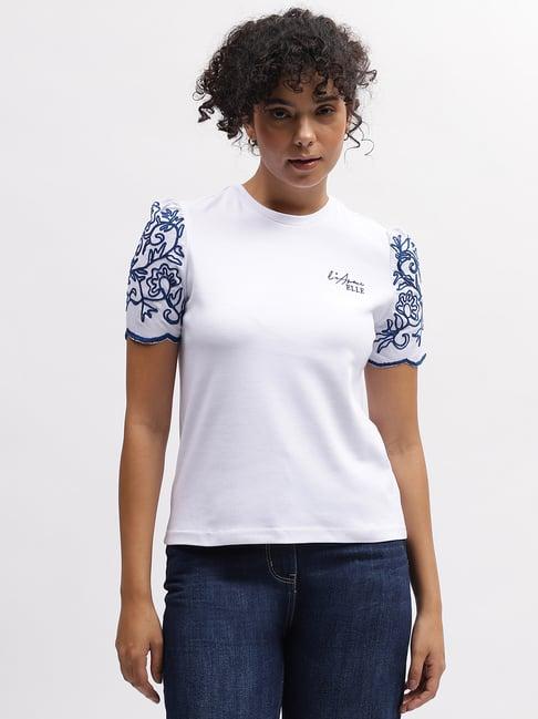 elle white & blue cotton graphic print t-shirt