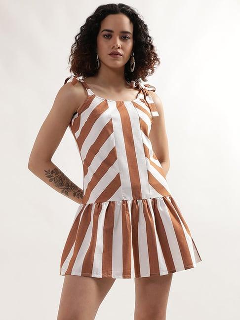 elle white & brown cotton striped a line dress