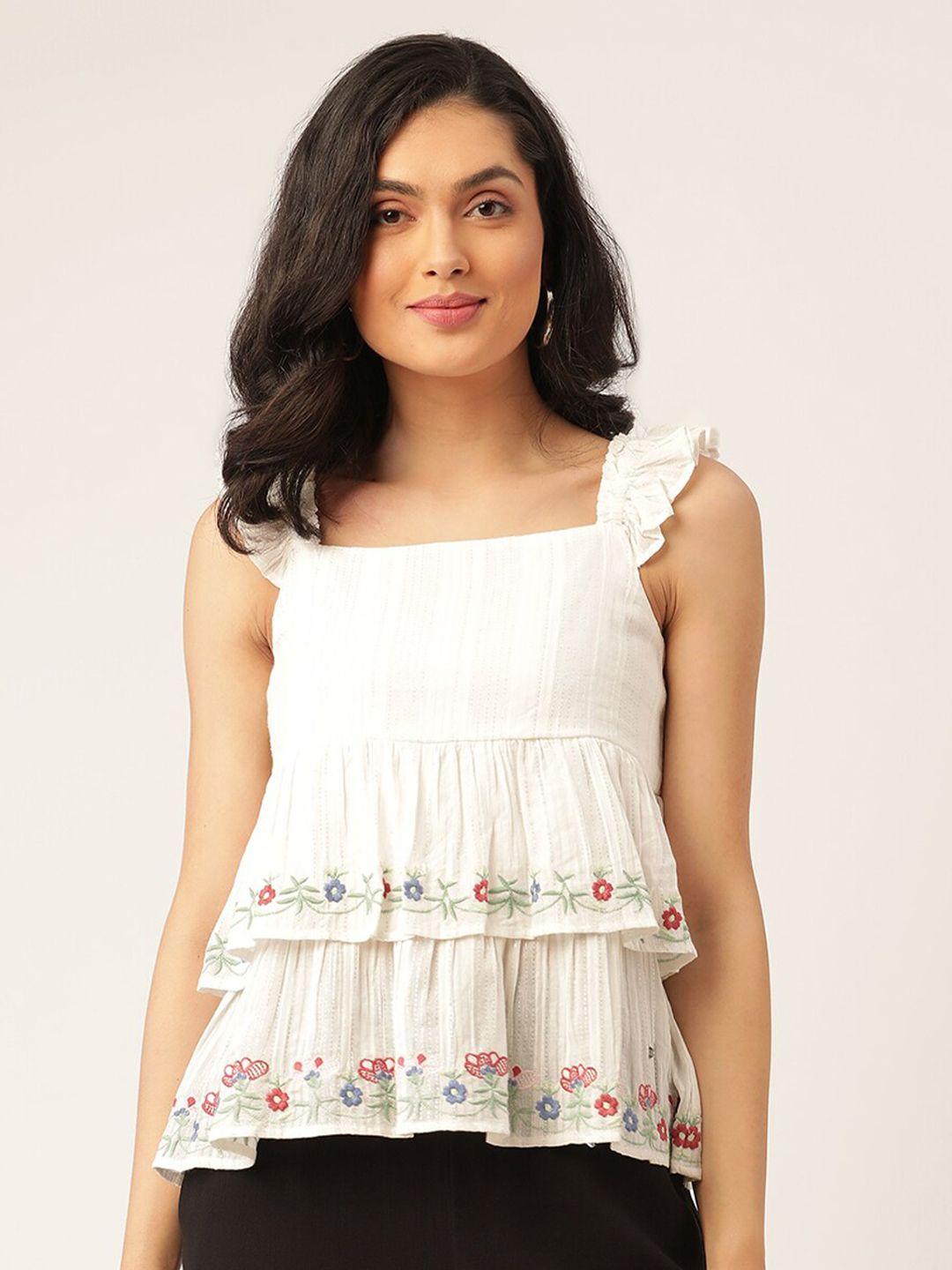 elle white & pink embroidered square neck layered tiered top