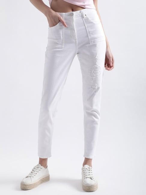 elle white cotton distressed slim fit mid rise jeans