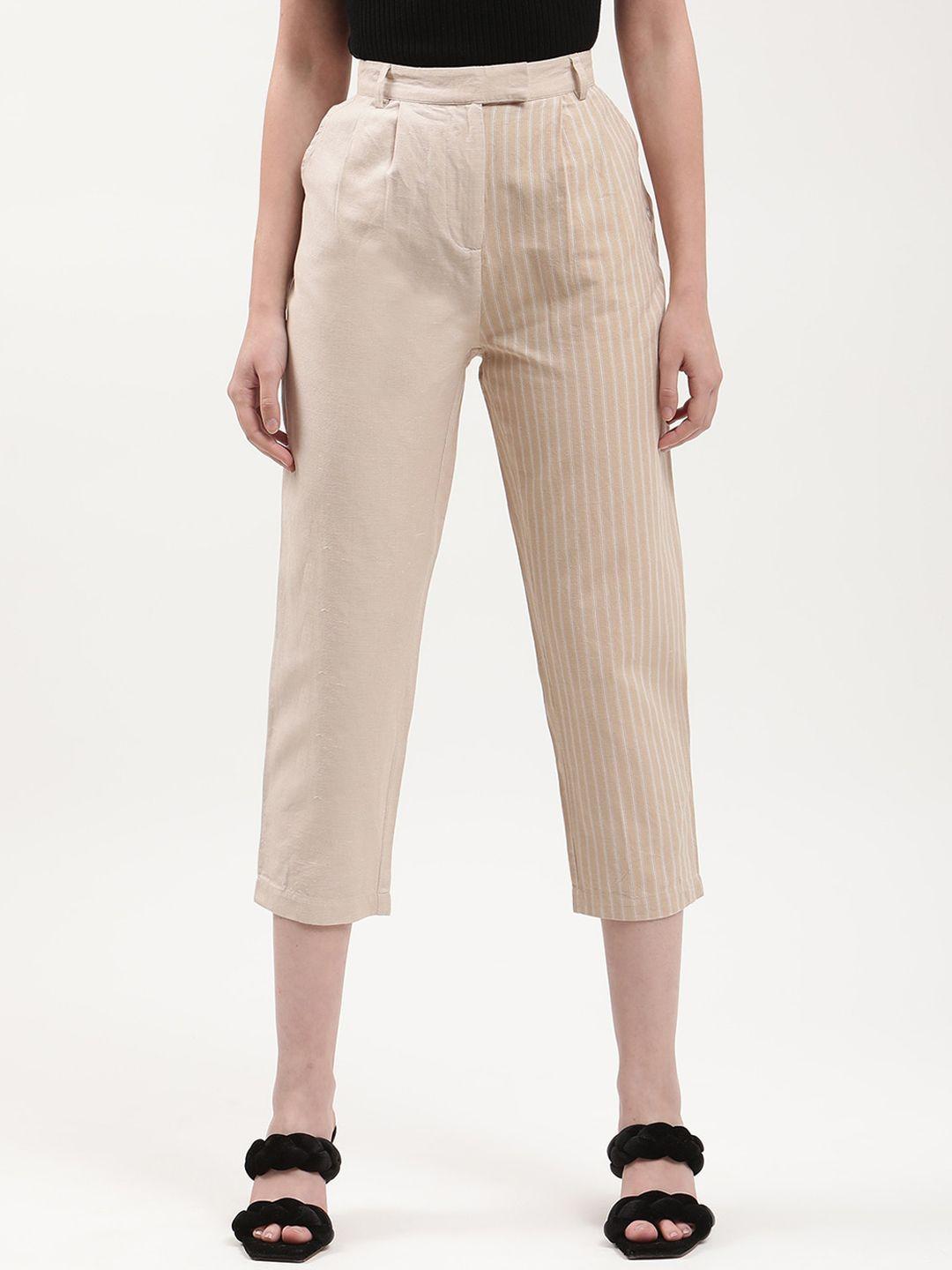 elle women beige striped relaxed pleated trousers