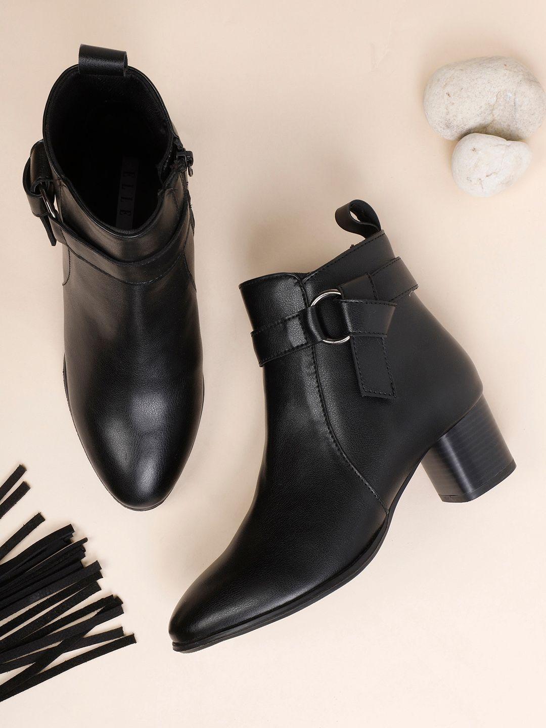 elle women black solid leather ankle boots