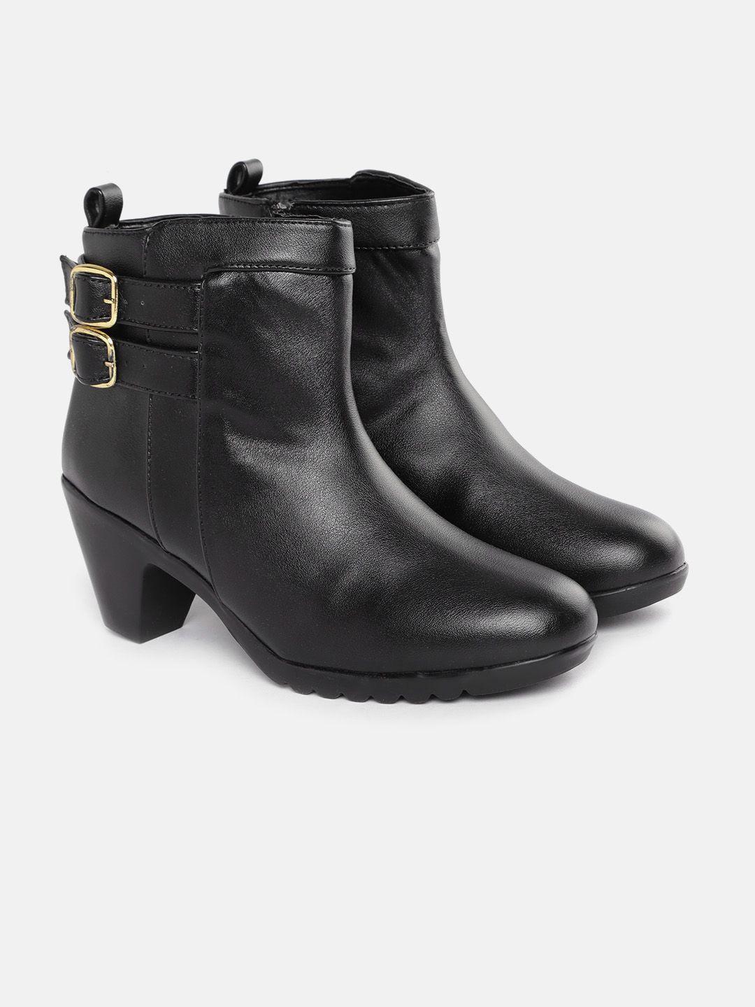 elle women black solid mid-top block heel boots