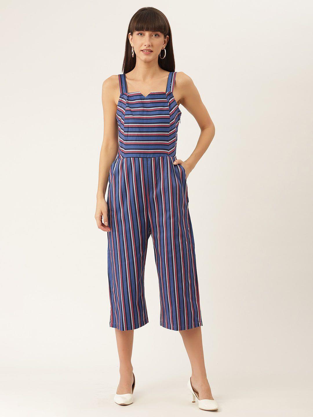 elle women blue & red striped pure cotton capri jumpsuit