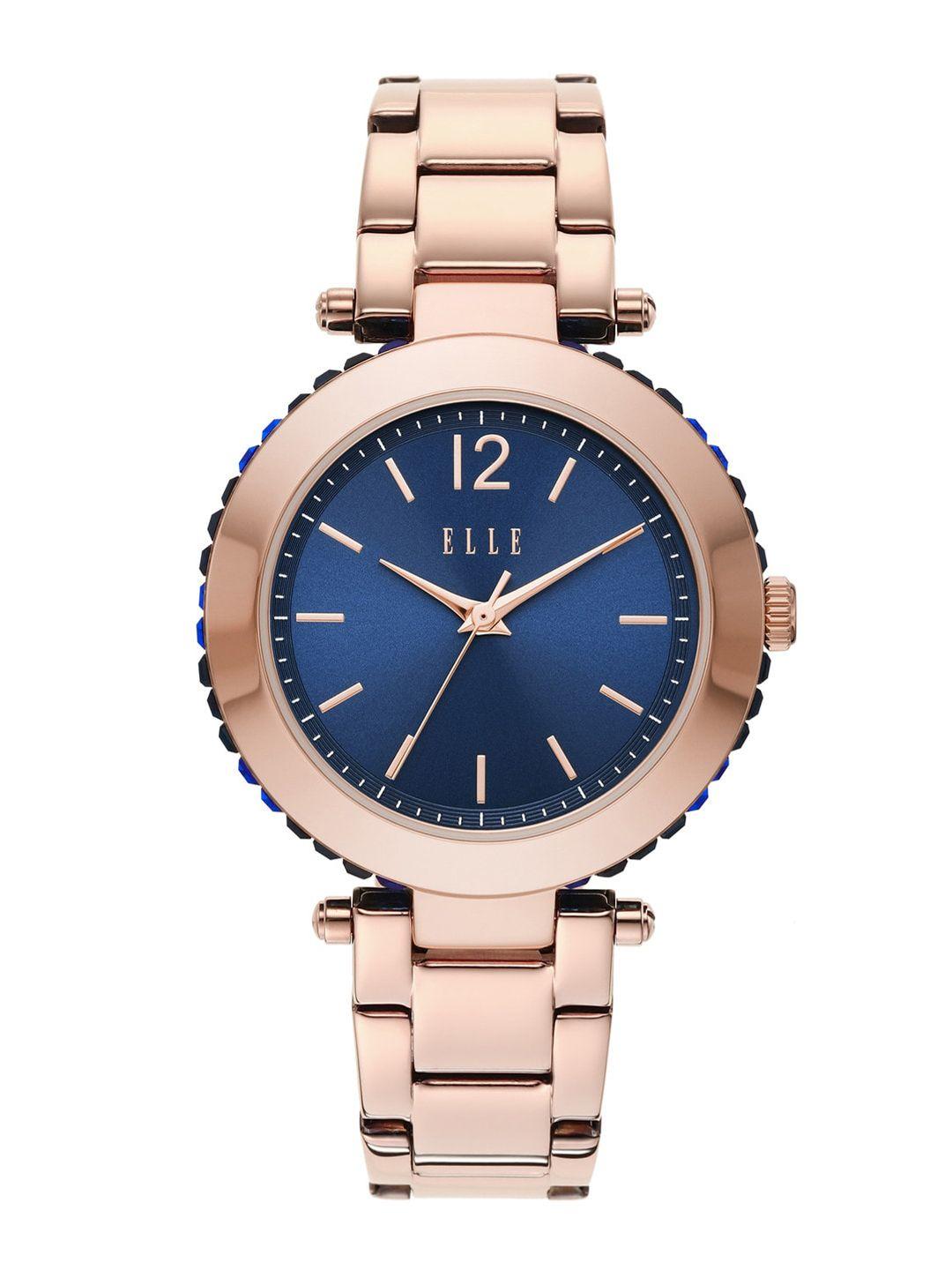 elle women blue dial & rose gold-plated stainless steel straps analogue watch ell23013