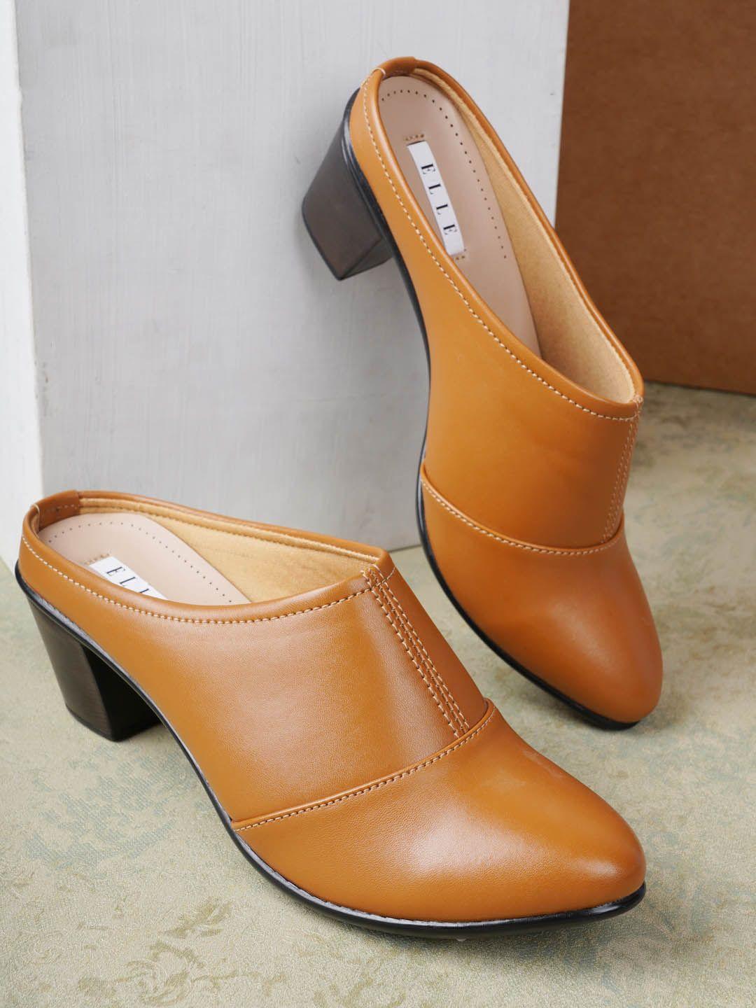 elle women camel brown solid block mules