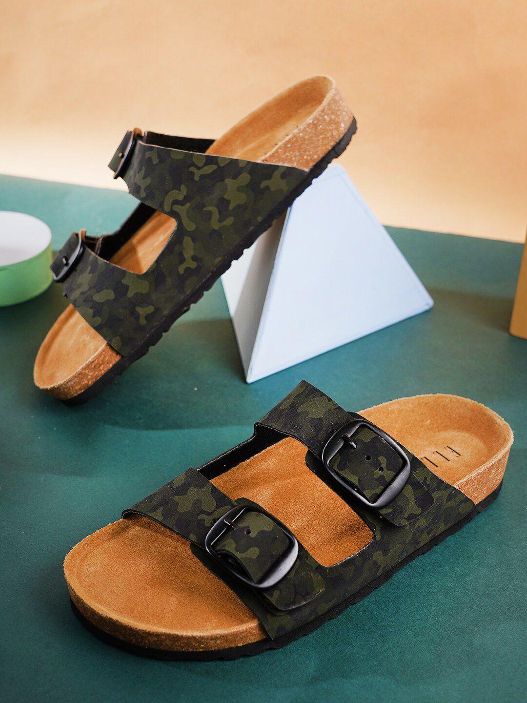 elle women camouflage printed leather open toe flats with buckle detail