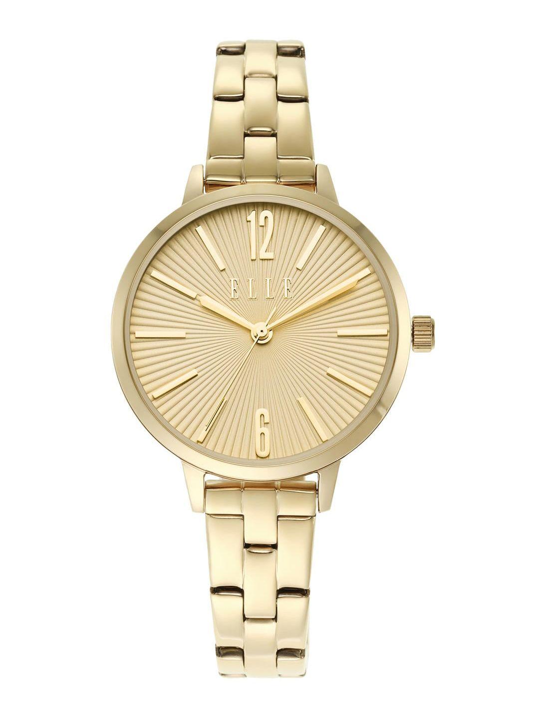elle women dial & gold toned stainless steel bracelet style straps analogue watch ell21071
