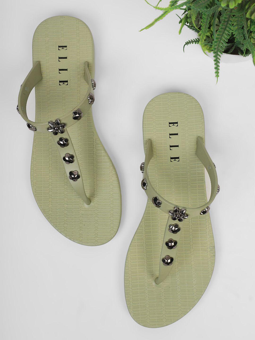 elle women green & bronze-toned embellished thong flip-flops