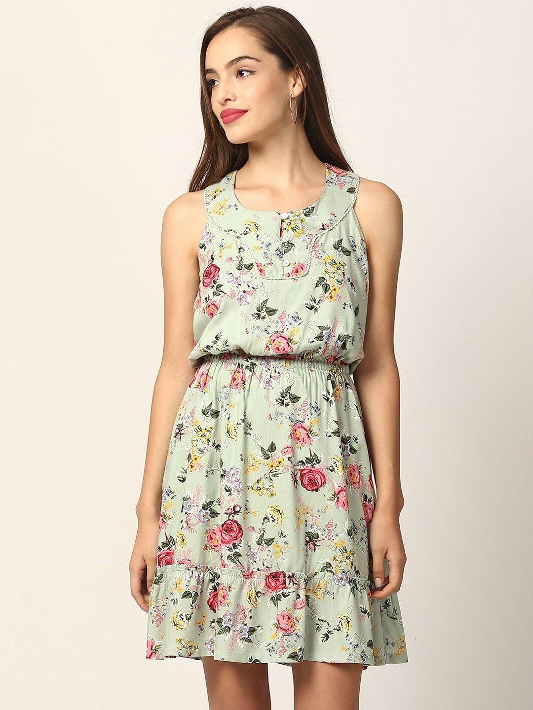elle women green floral rinted fit and flare dress