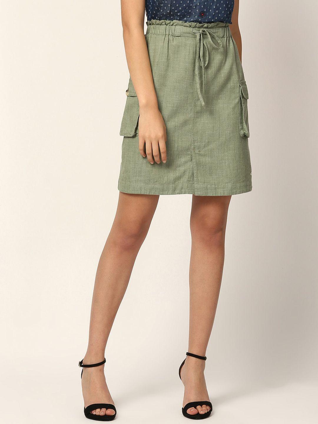 elle women green solid a-line mini skirt