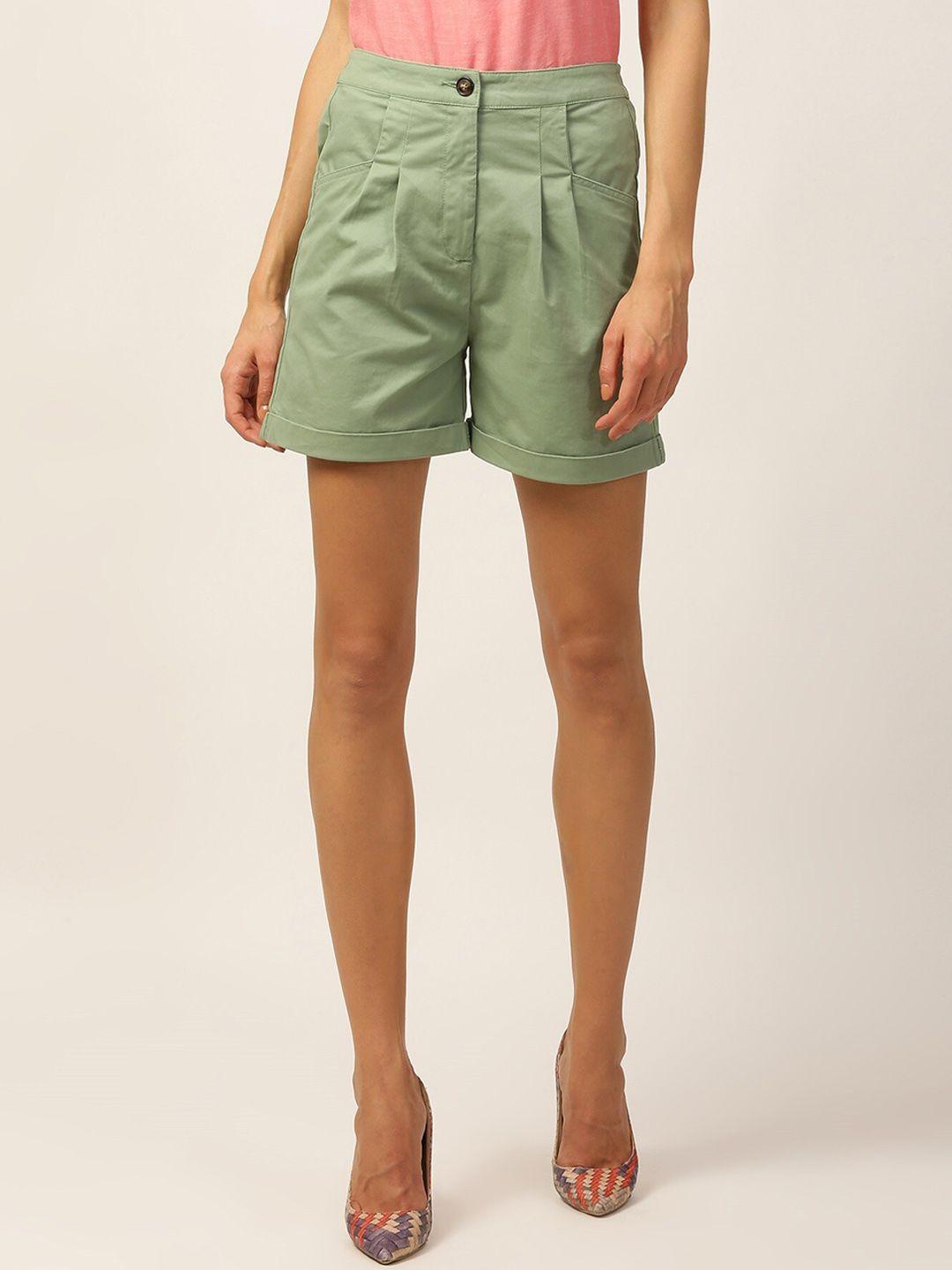 elle women green solid regular fit regular shorts