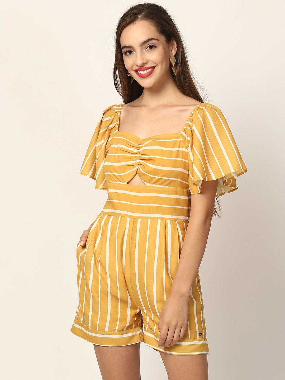 elle women mustard yellow & white striped playsuit