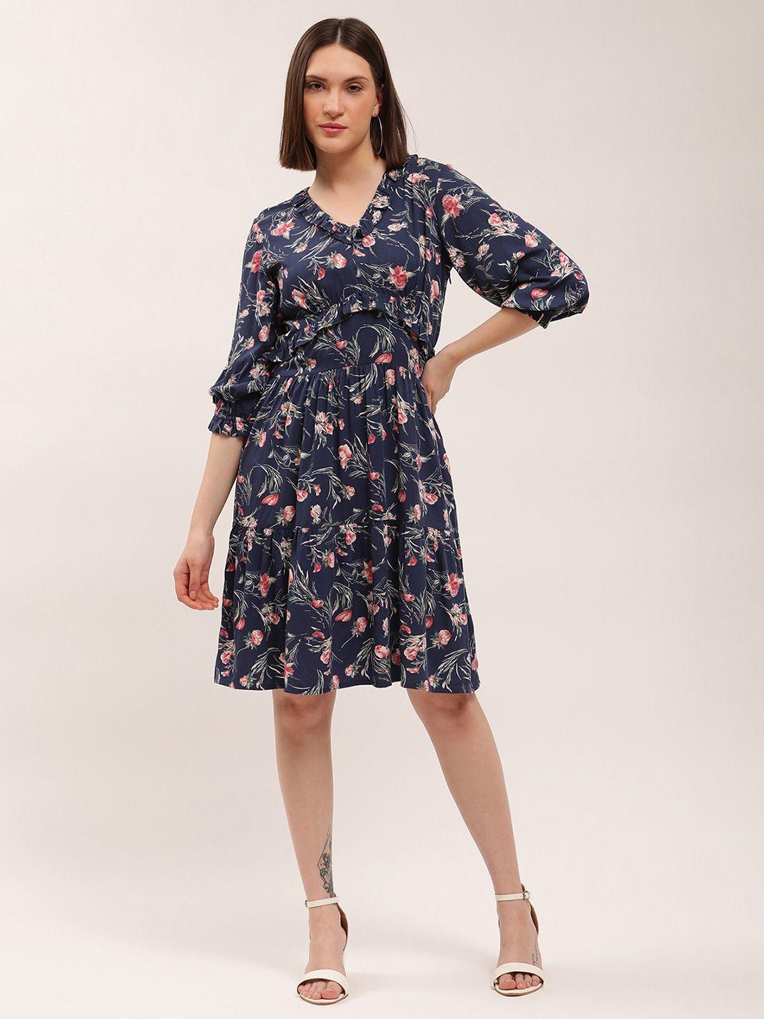 elle women navy blue & pink ruffled floral printed dress