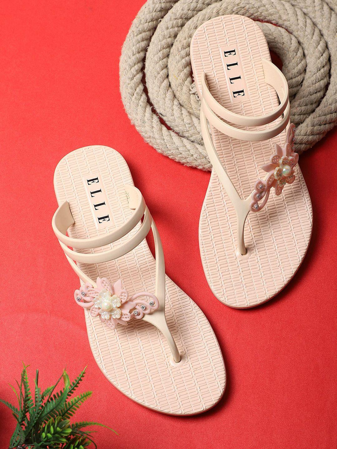 elle women nude-coloured embellished thong flip-flops