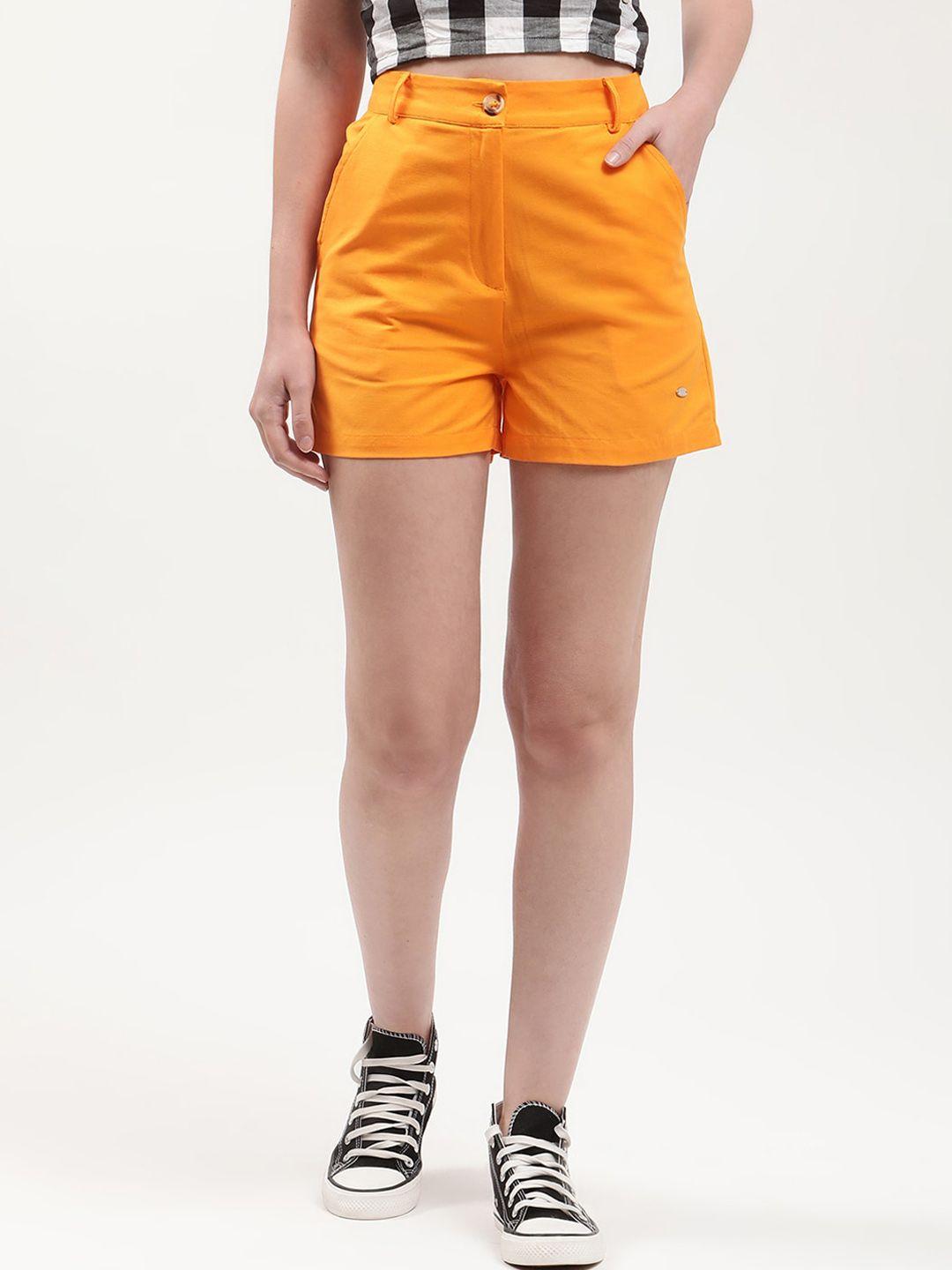 elle women orange solid slim fit cotton shorts