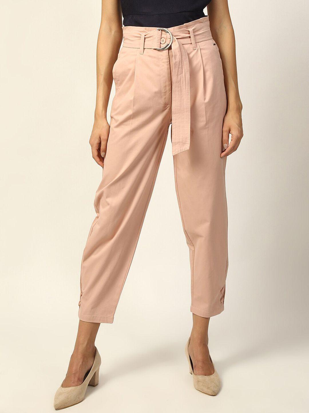 elle women peach-coloured straight fit solid regular trousers