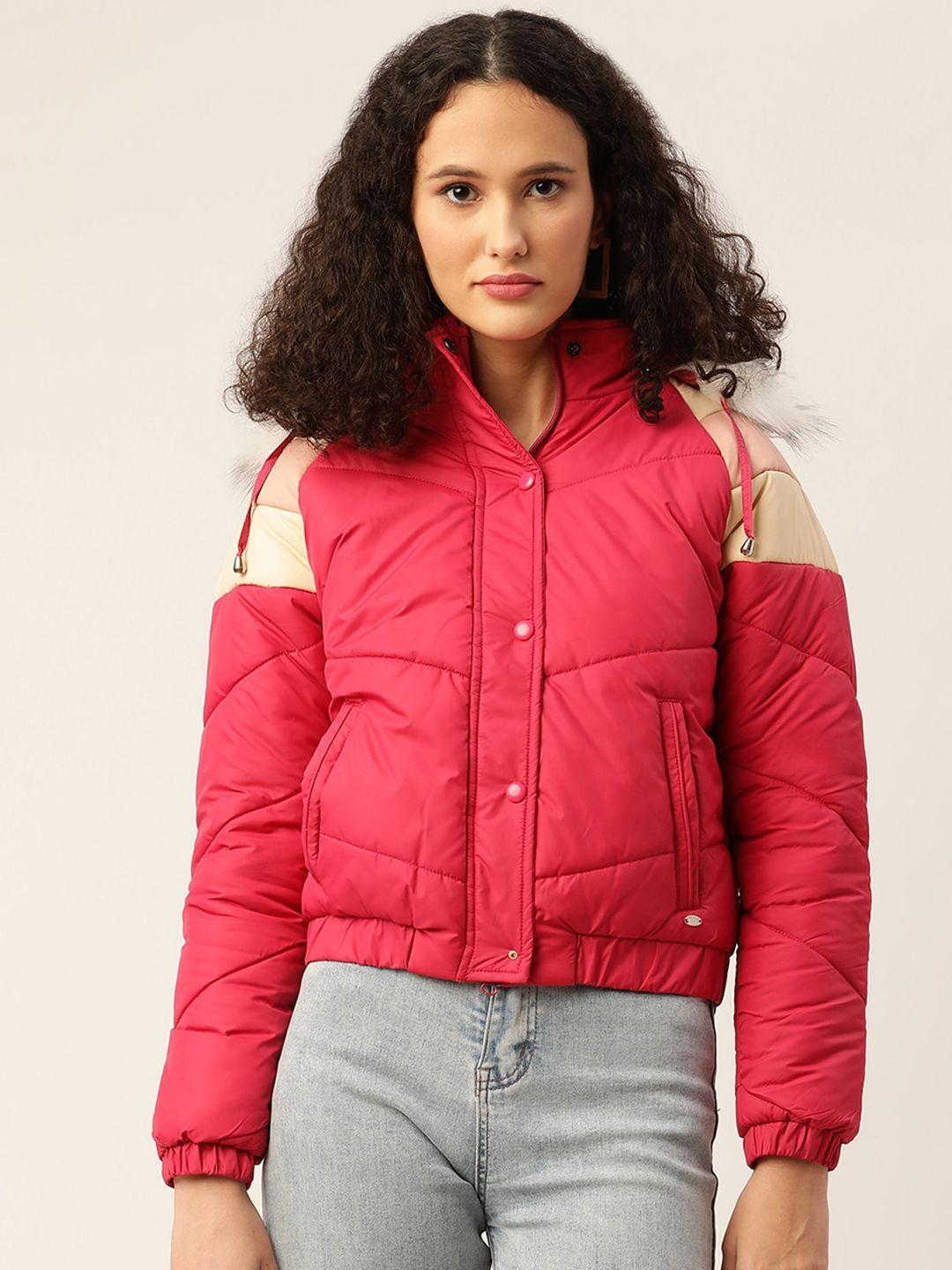 elle women pink & beige colourblocked padded jacket